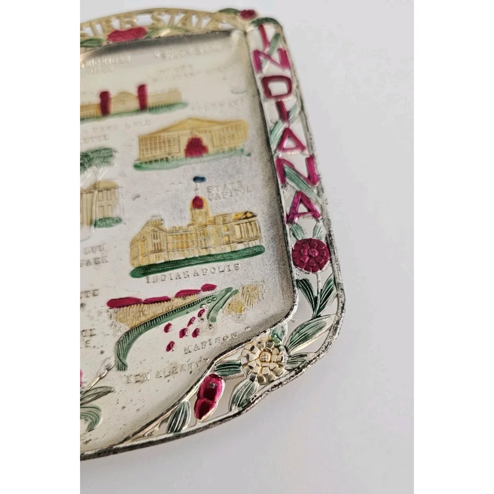 Collectible MCM Indiana Hoosier State Hand-Painted Souvenir Plate VTG Trinket